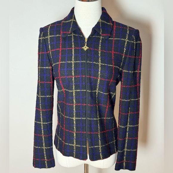 St. John Black Plaid Zip Blazer Size 4 - Picture 1 of 8
